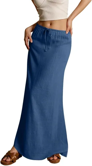 Linen Maxi Skirts for Women Summer 2025 Vacation Boho Skirt Comfy Drawstring Low Waist A Line Skirt Long Cover Ups