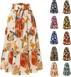 Long Skirts for Women Summer Floral Flowy Maxi Skirt Pleated High Waisted A Line Skirts Trendy Smocked Waist Skirt