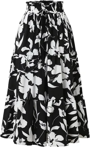 Long Skirts for Women Summer Floral Flowy Maxi Skirt Pleated High Waisted A Line Skirts Trendy Smocked Waist Skirt