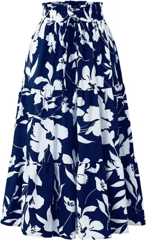 Long Skirts for Women Summer Floral Flowy Maxi Skirt Pleated High Waisted A Line Skirts Trendy Smocked Waist Skirt