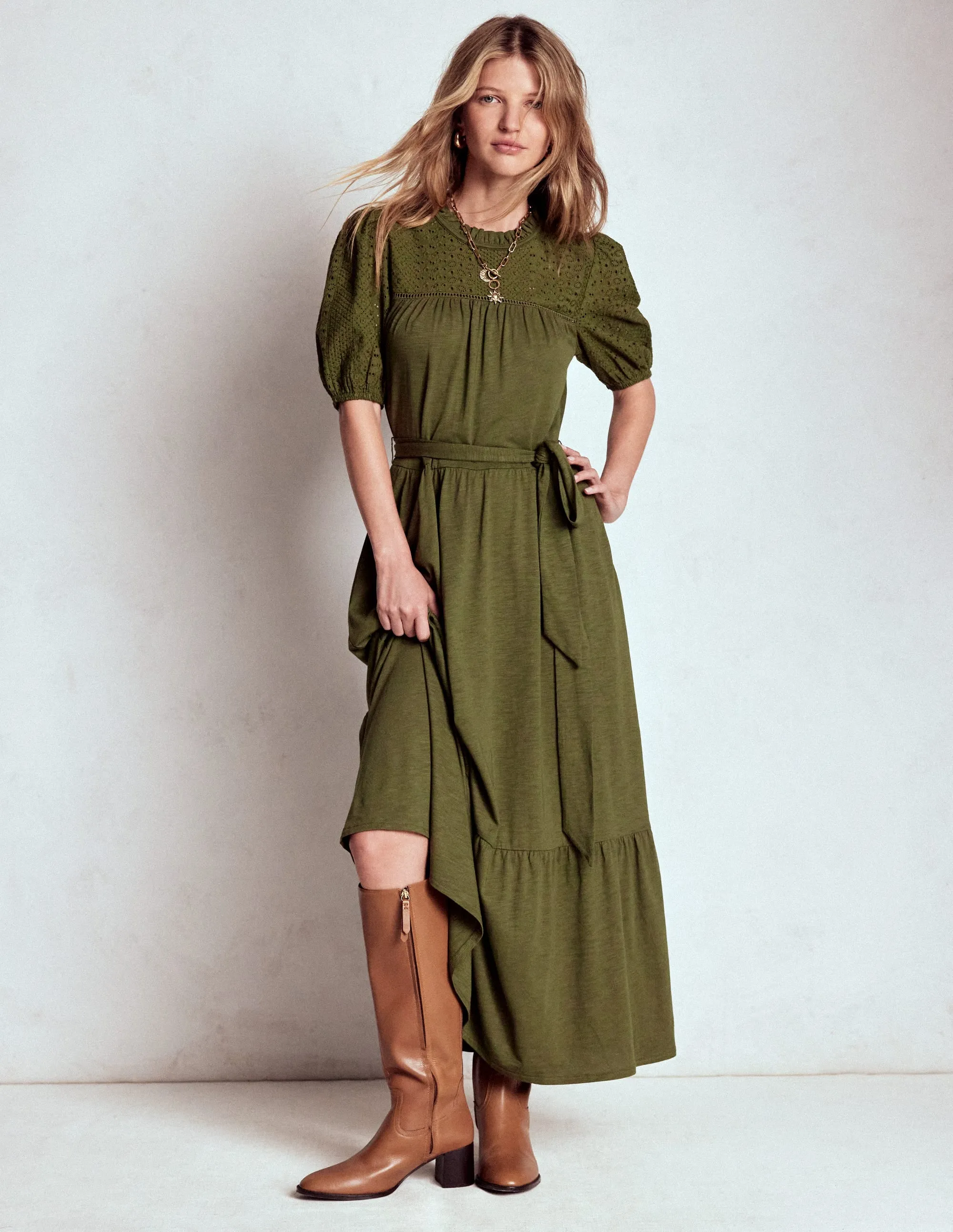 Lorelei Broderie Jersey Dress-Woodland Green