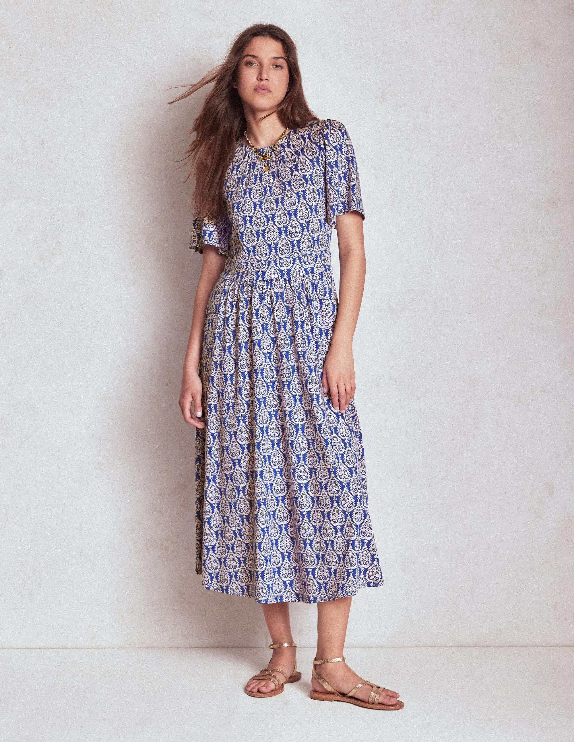 Louisa Jersey Midi Dress-Bright Blue, Ornate Geo