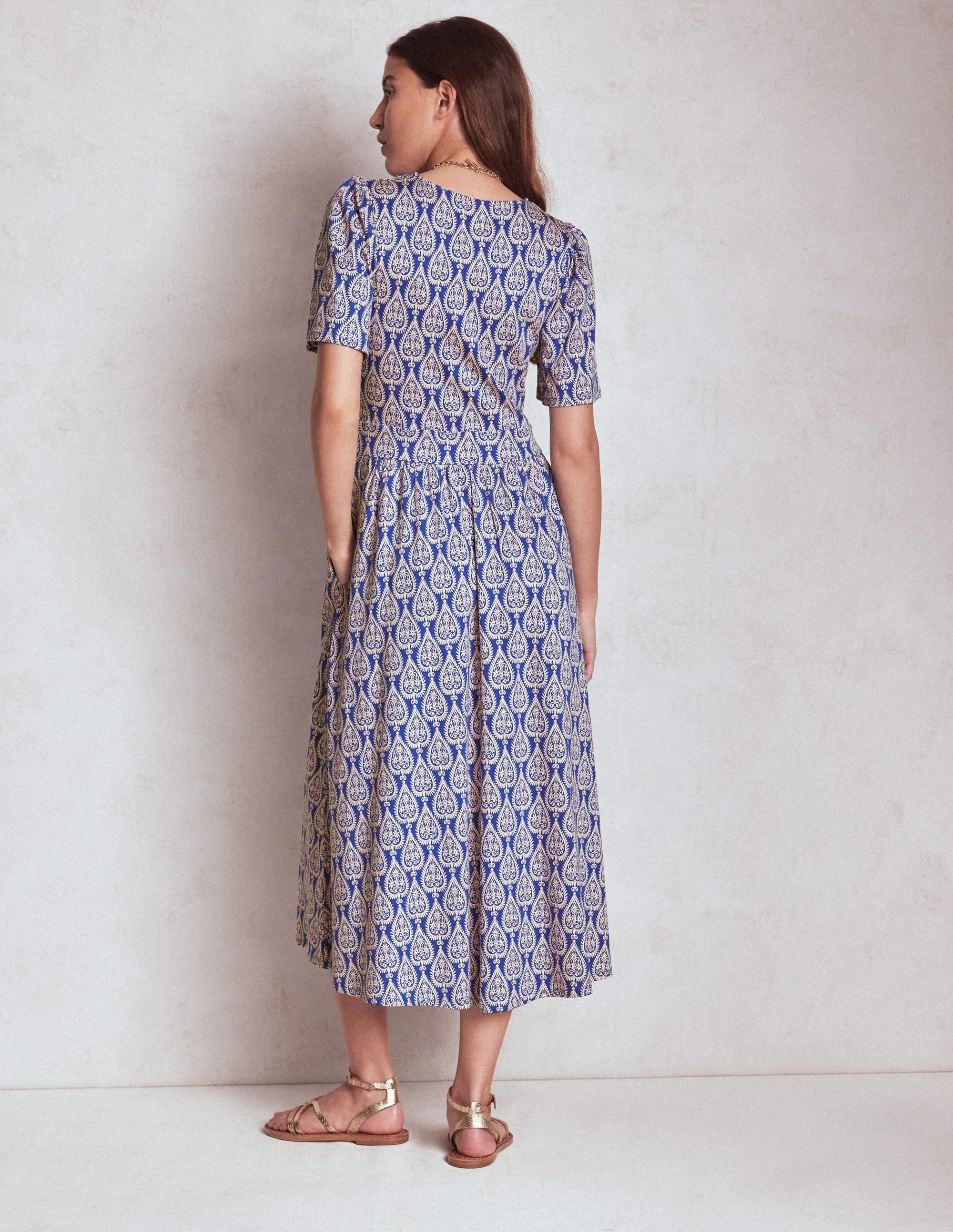 Louisa Jersey Midi Dress-Bright Blue, Ornate Geo