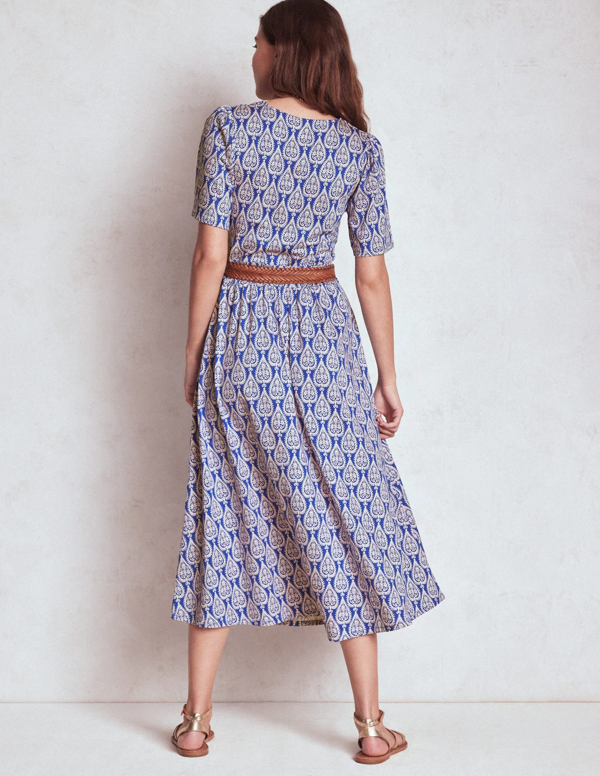 Louisa Jersey Midi Dress-Bright Blue, Ornate Geo