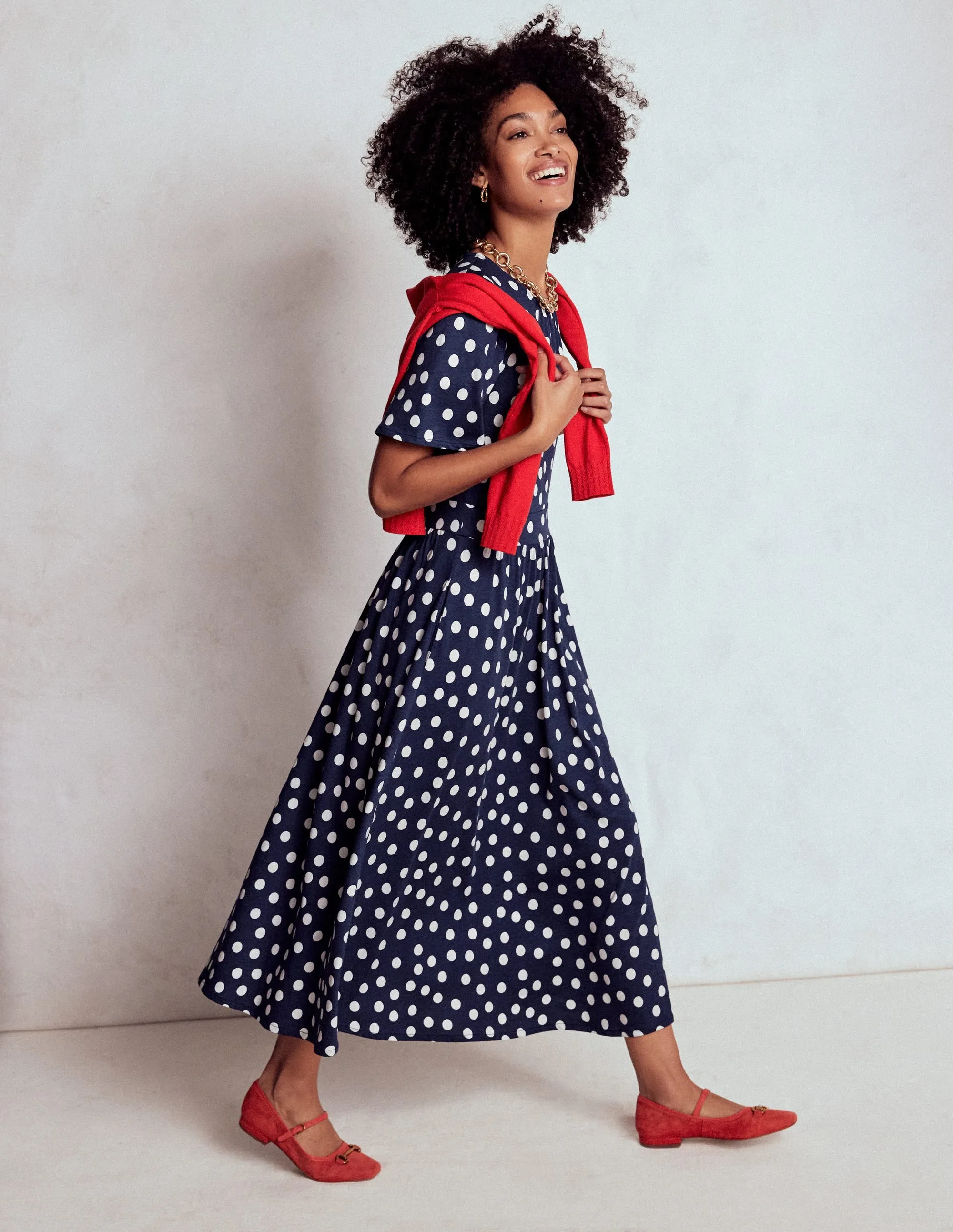 Louisa Jersey Midi Dress-French Navy, Painted Dot