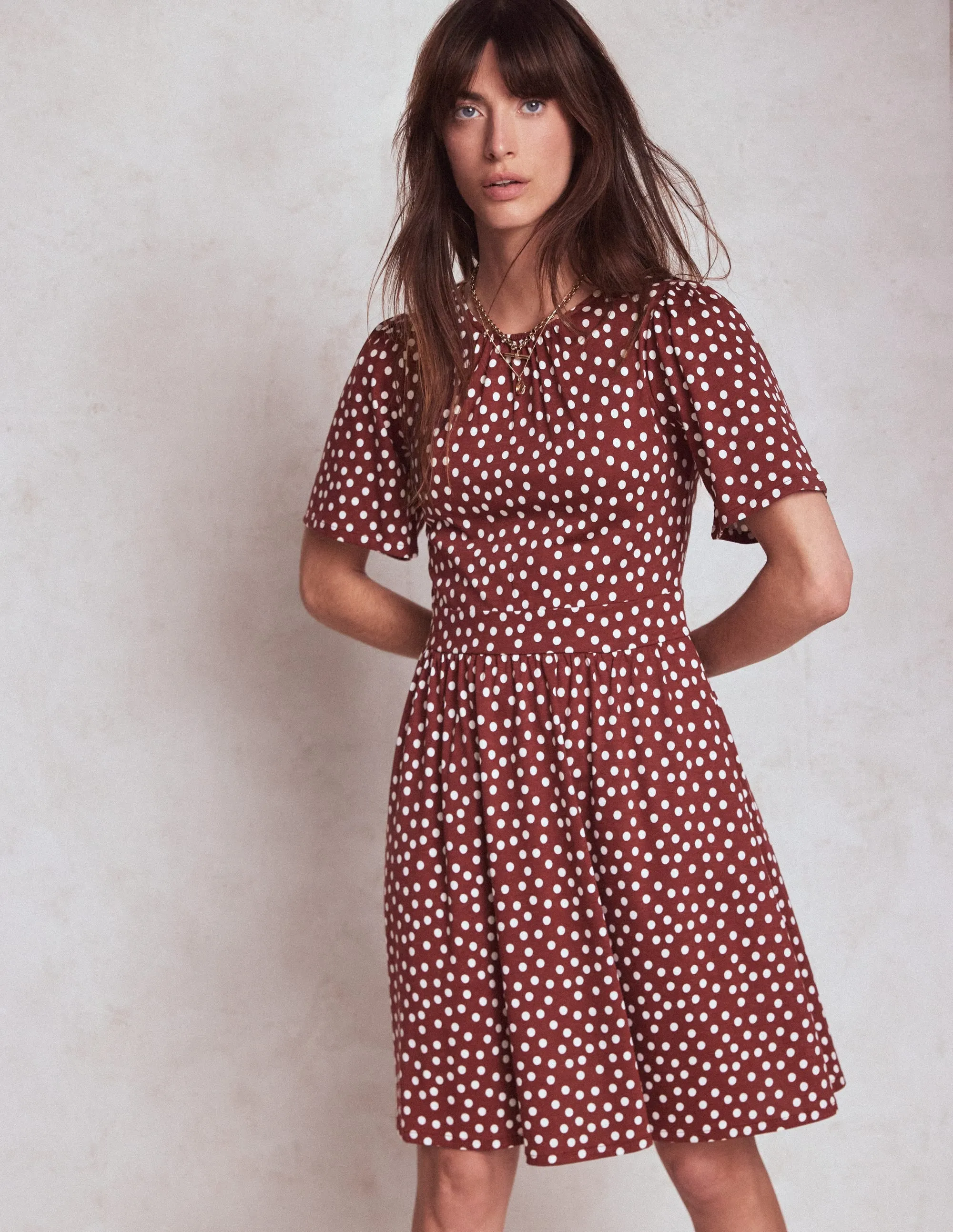 Louisa Short Jersey Dress-Chestnut, Painted Dot
