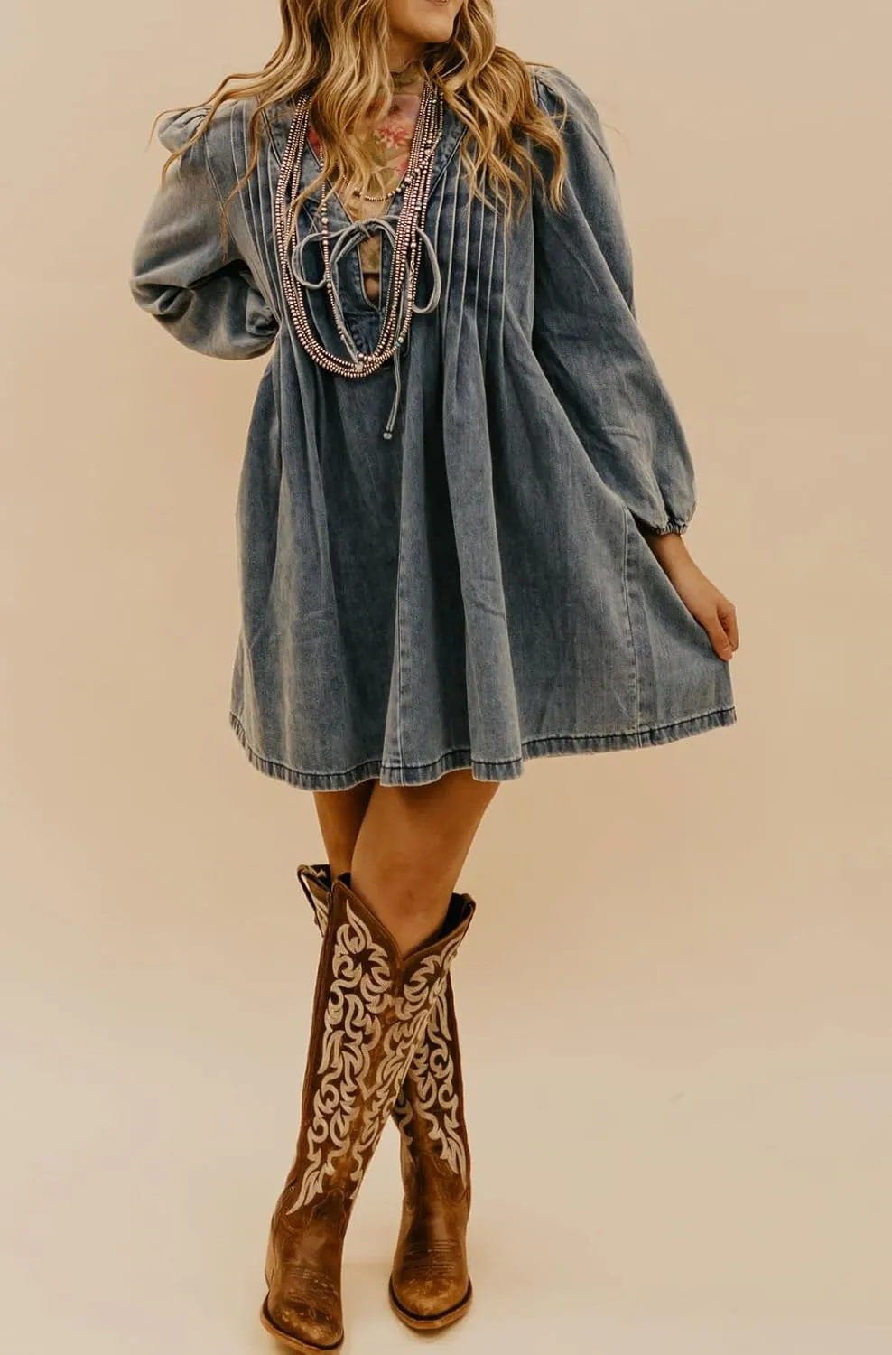 loveimgs Women Vintage Pleated Denim Jean Mini Dress Tie Front Babydoll Dress Puff Sleeve Swing Flowy A Line Romper Dress