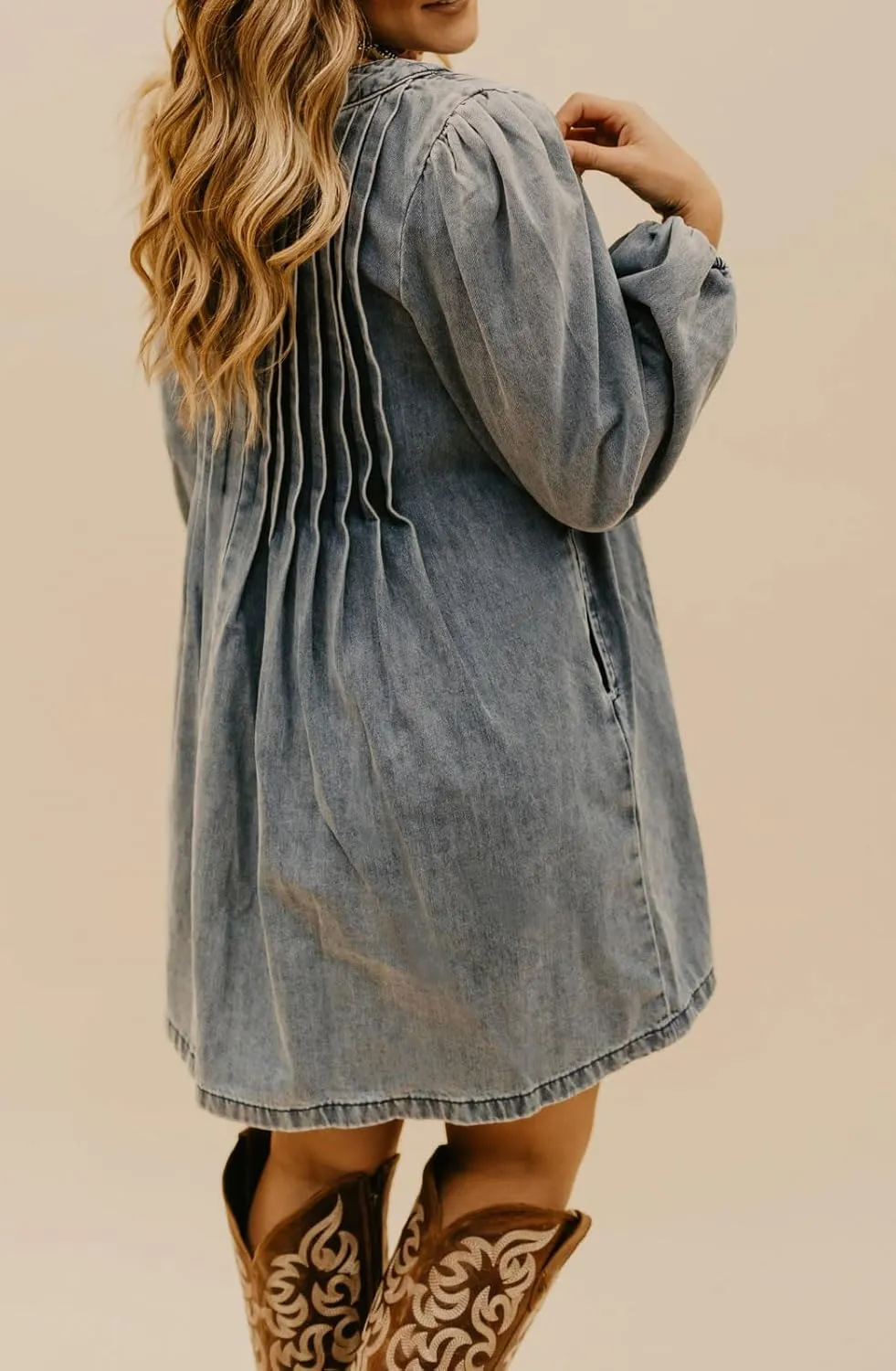loveimgs Women Vintage Pleated Denim Jean Mini Dress Tie Front Babydoll Dress Puff Sleeve Swing Flowy A Line Romper Dress