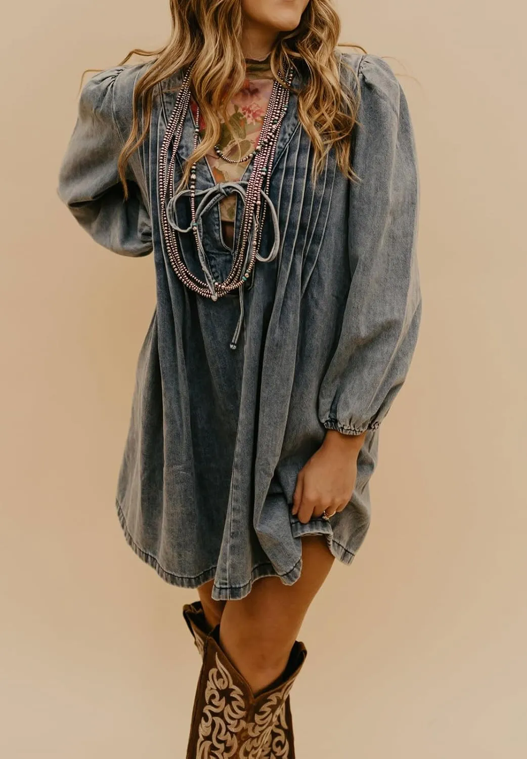 loveimgs Women Vintage Pleated Denim Jean Mini Dress Tie Front Babydoll Dress Puff Sleeve Swing Flowy A Line Romper Dress