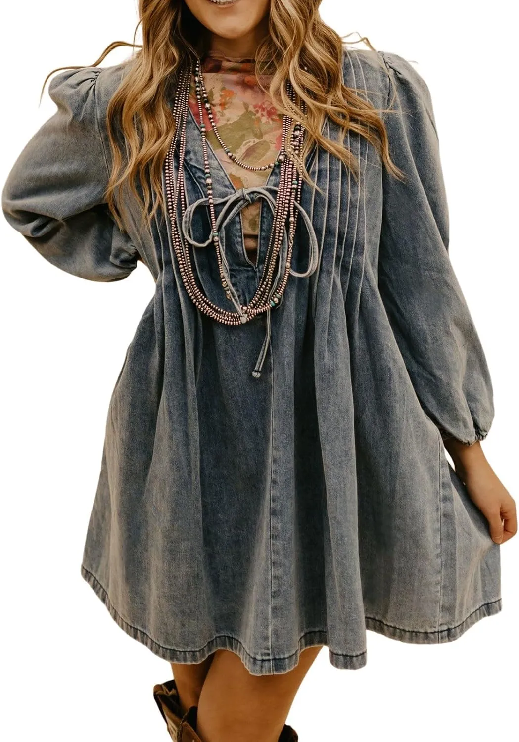 loveimgs Women Vintage Pleated Denim Jean Mini Dress Tie Front Babydoll Dress Puff Sleeve Swing Flowy A Line Romper Dress