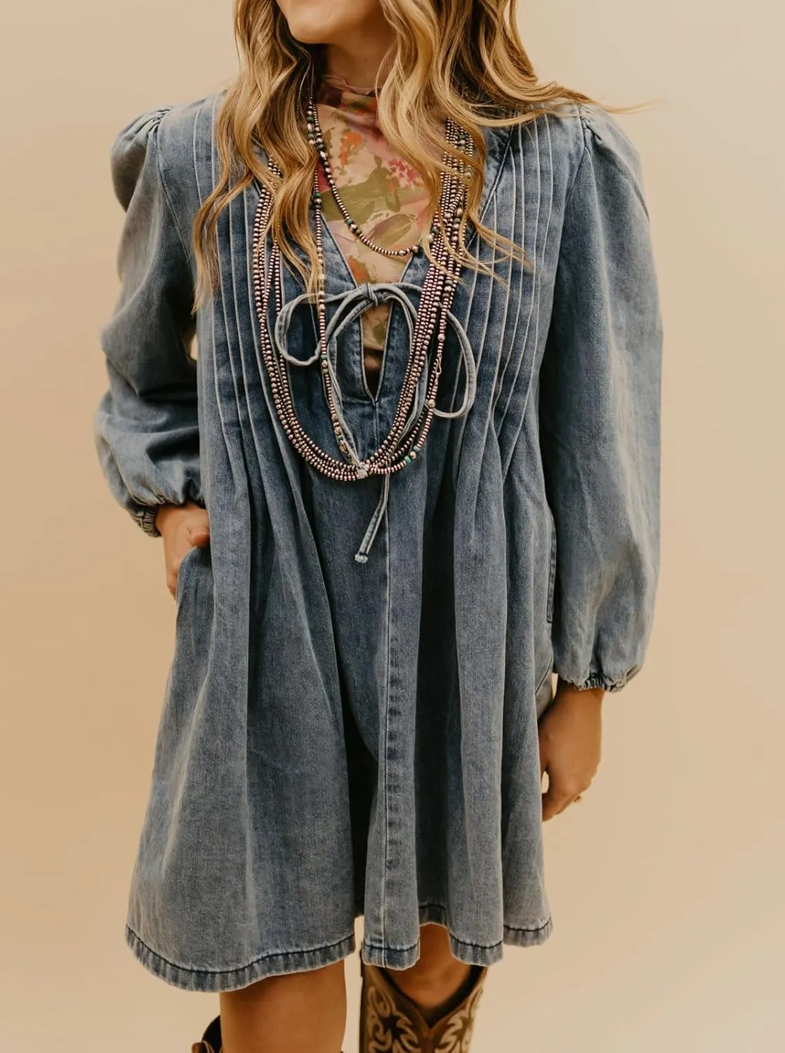 loveimgs Women Vintage Pleated Denim Jean Mini Dress Tie Front Babydoll Dress Puff Sleeve Swing Flowy A Line Romper Dress