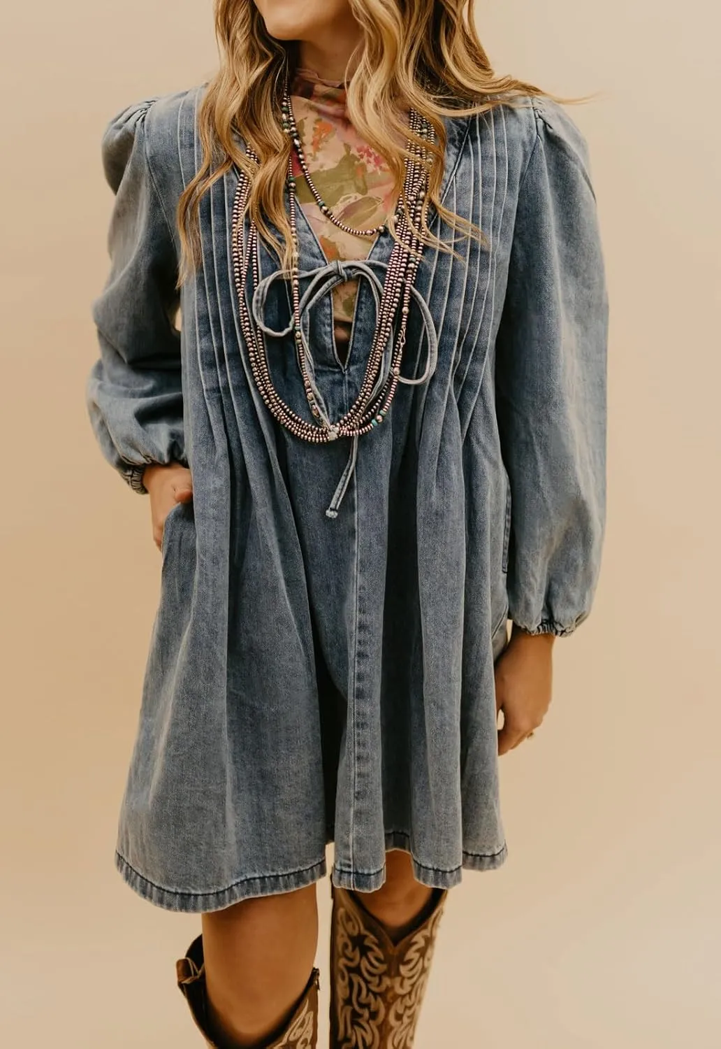 loveimgs Women Vintage Pleated Denim Jean Mini Dress Tie Front Babydoll Dress Puff Sleeve Swing Flowy A Line Romper Dress