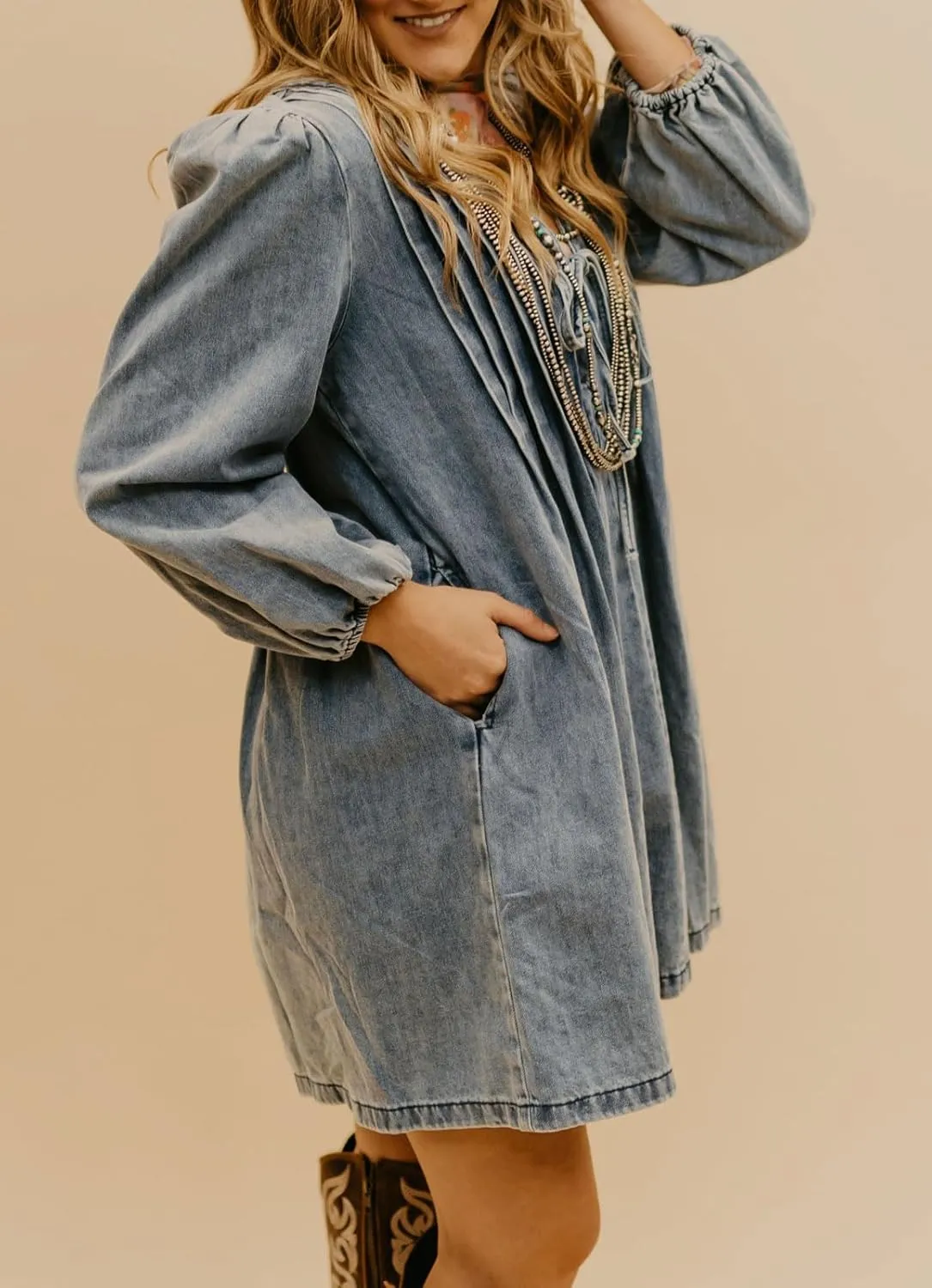 loveimgs Women Vintage Pleated Denim Jean Mini Dress Tie Front Babydoll Dress Puff Sleeve Swing Flowy A Line Romper Dress