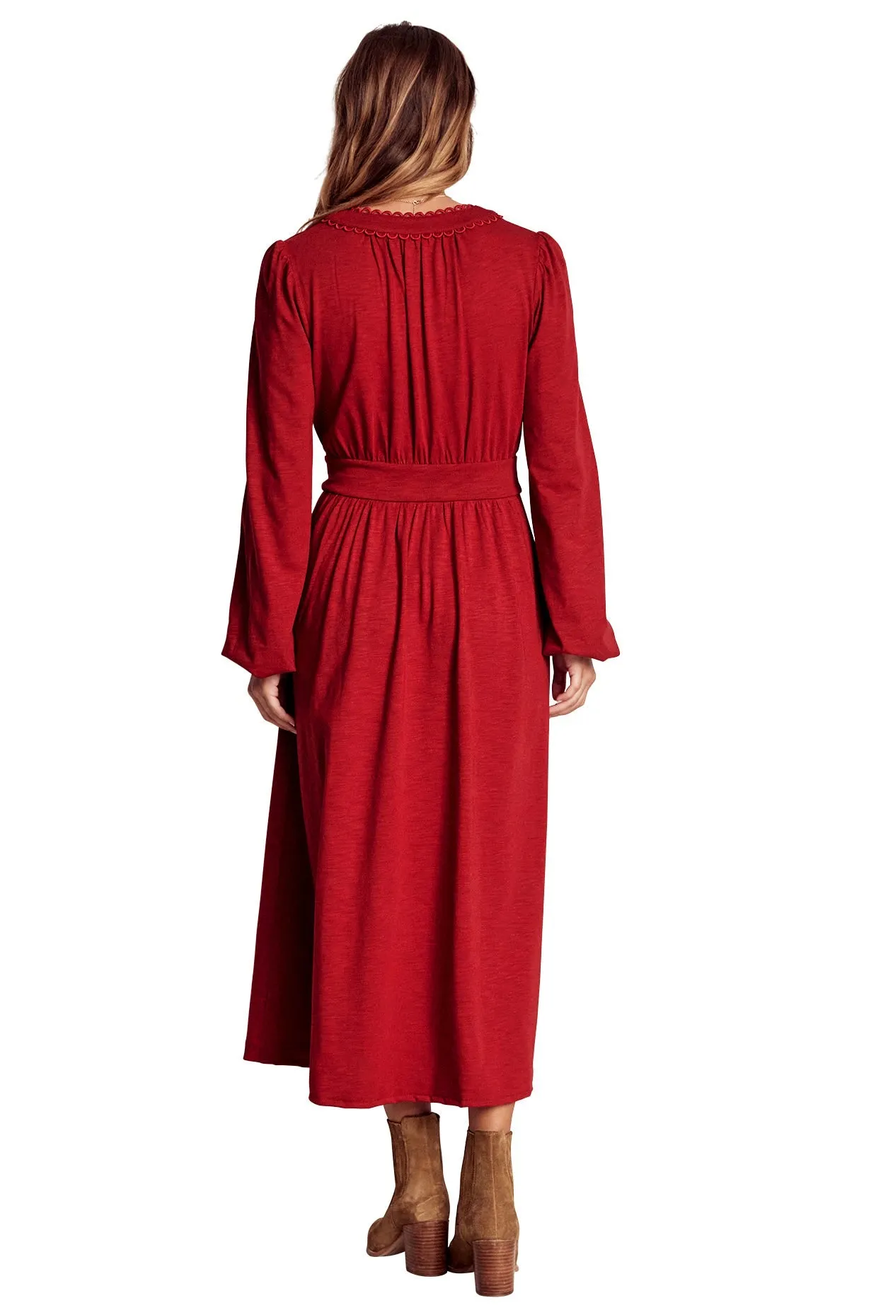 Maddie Picot Trim Midi Dress-Carmine Red
