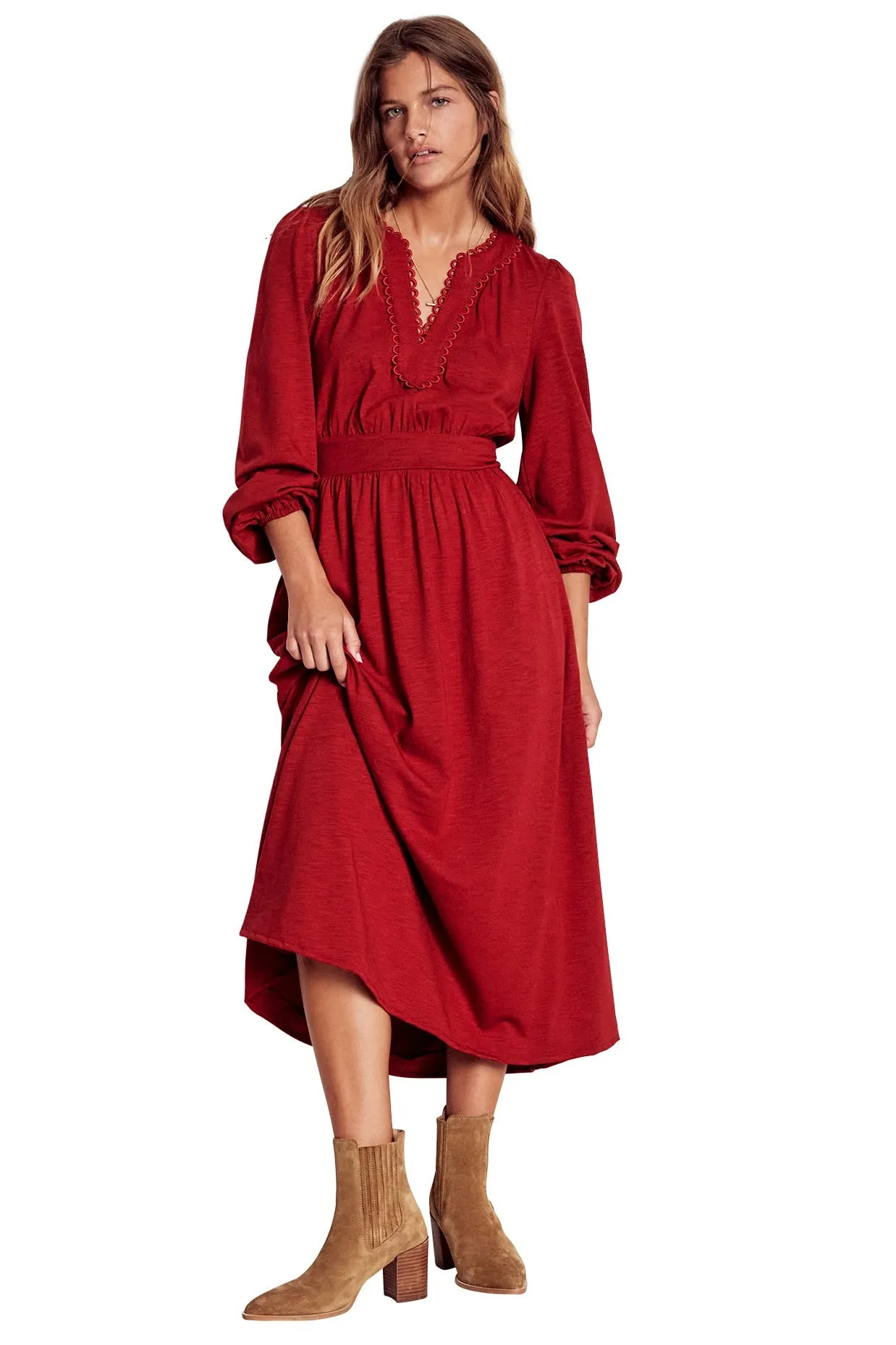 Maddie Picot Trim Midi Dress-Carmine Red
