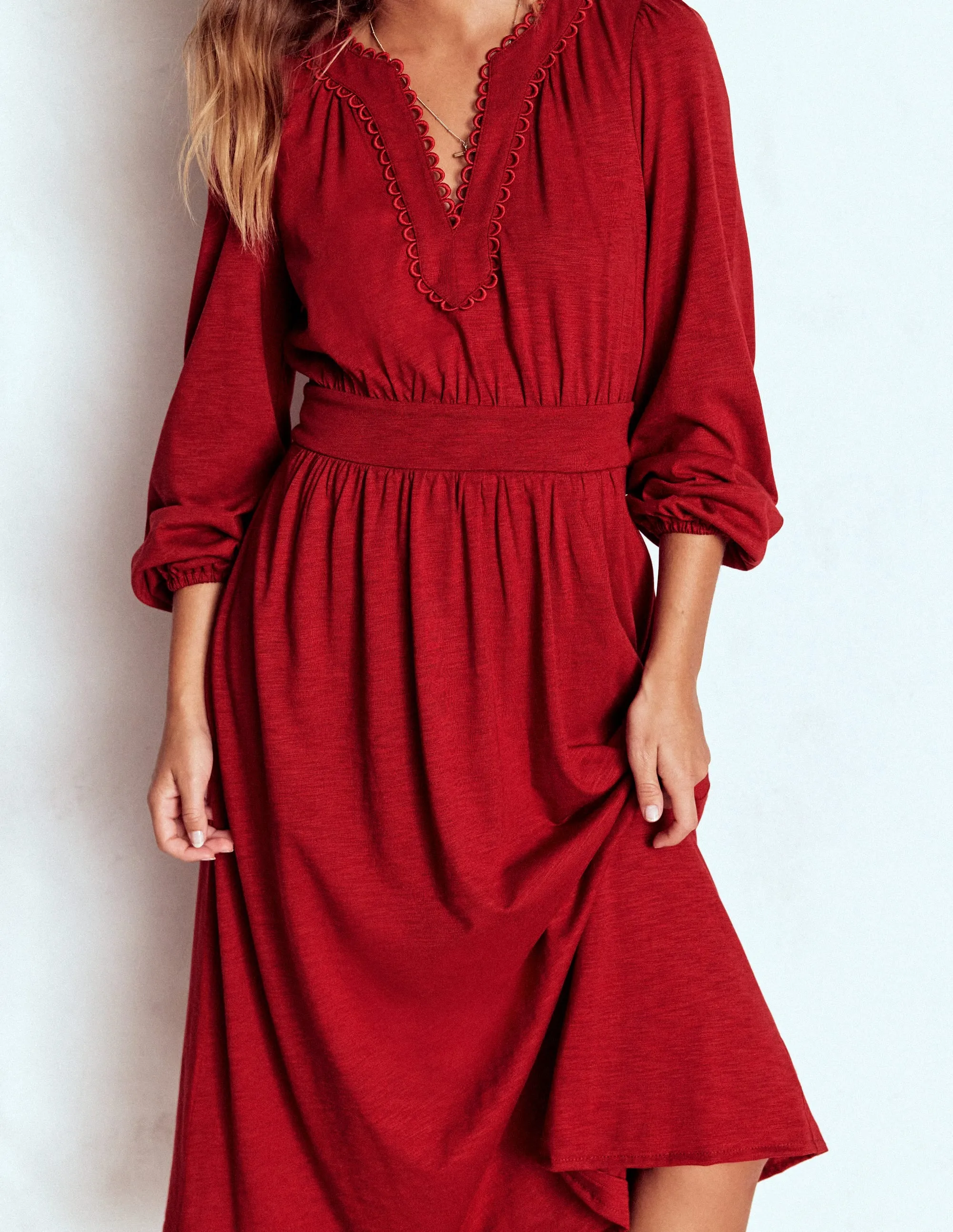 Maddie Picot Trim Midi Dress-Carmine Red