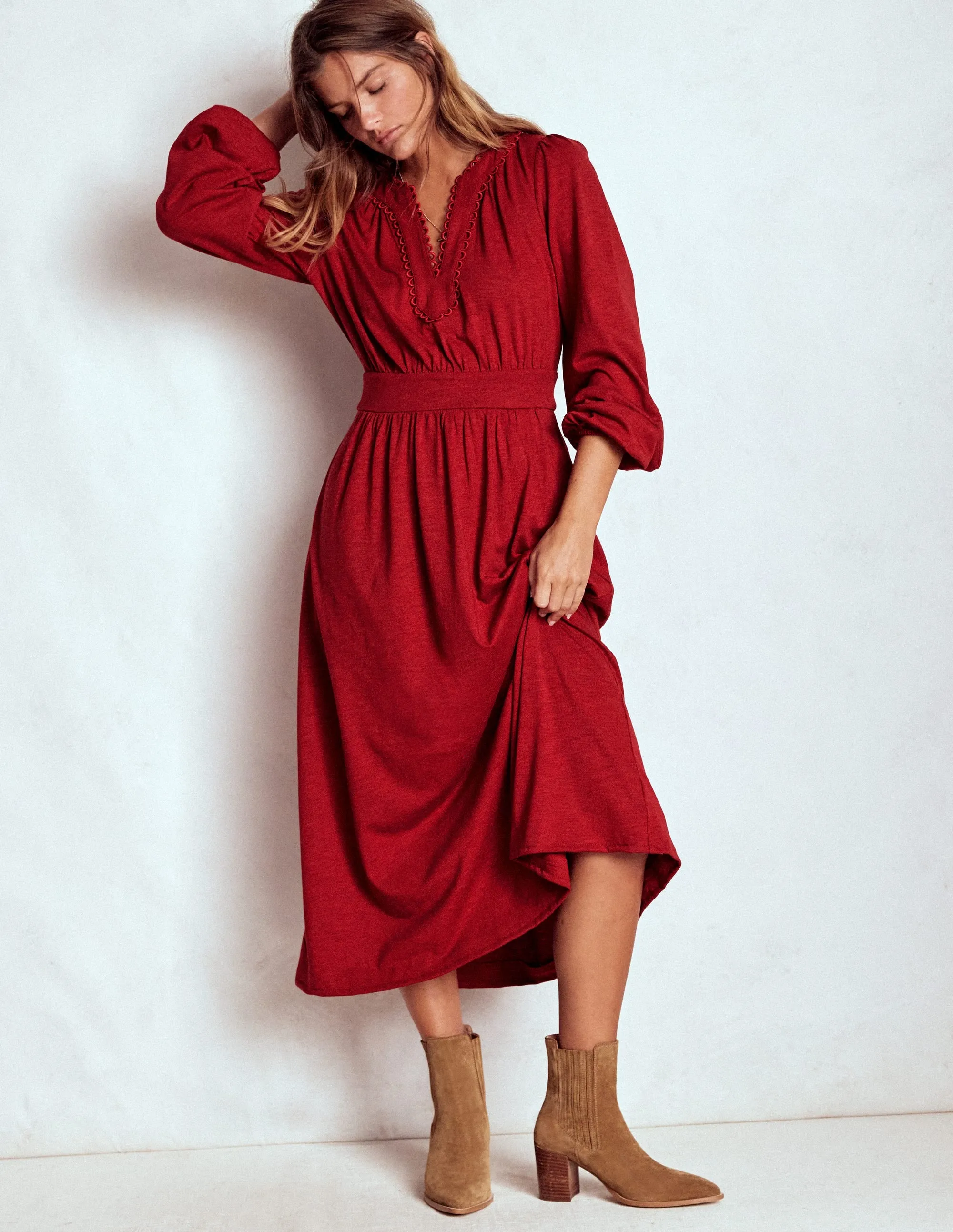 Maddie Picot Trim Midi Dress-Carmine Red