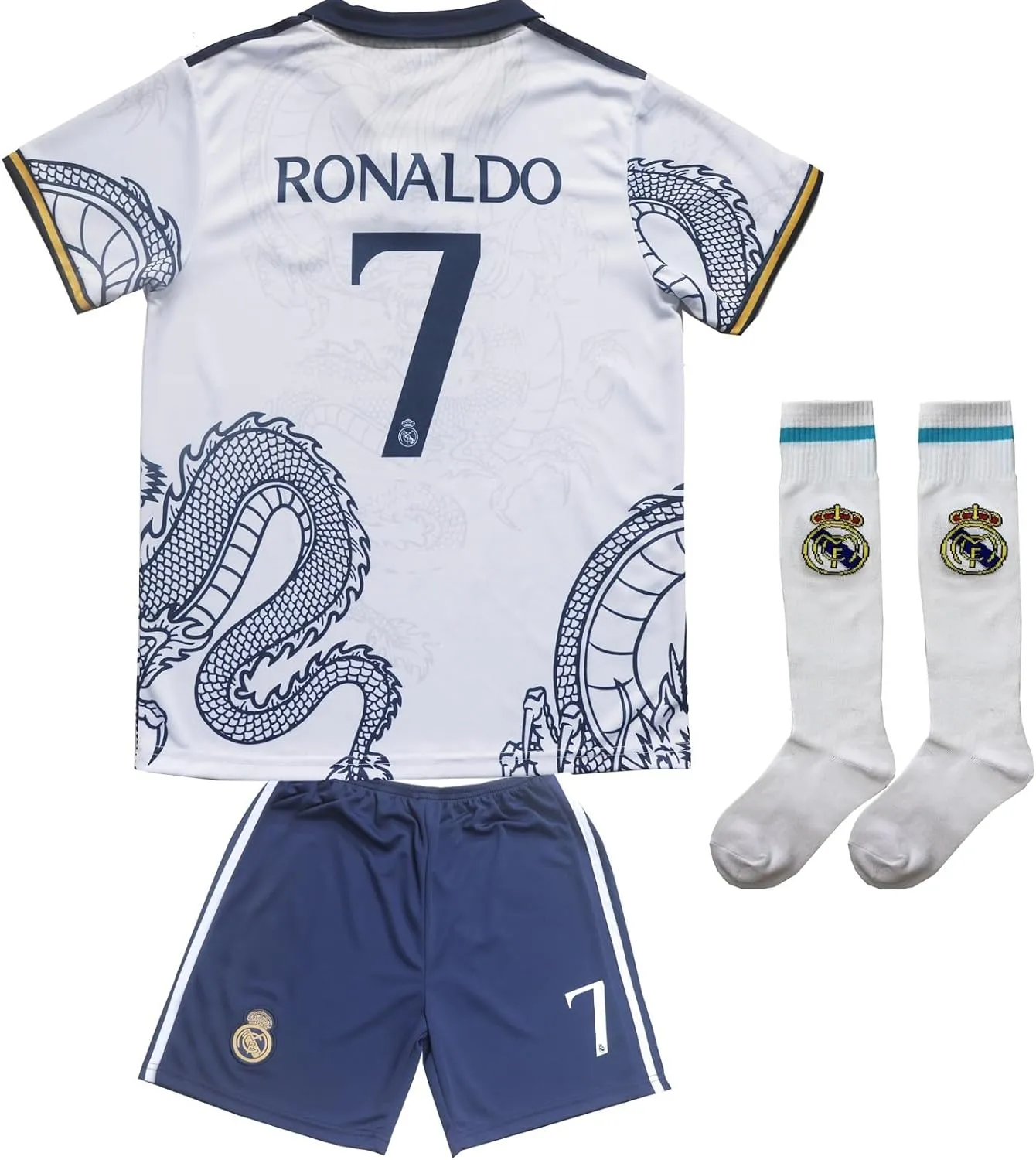 Madrid Ronaldo No #7 Special Dragon Edition Kids Soccer Jersey Kit Shorts Socks Set Youth Sizes