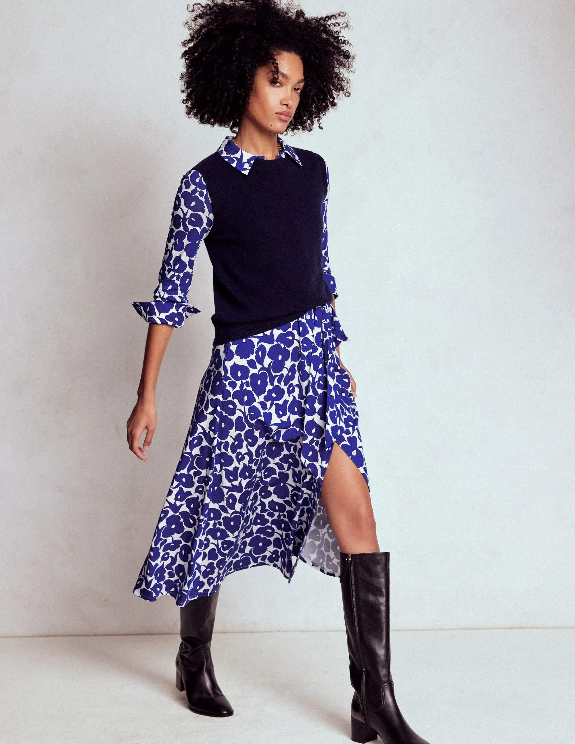 Marcia Jersey Shirt Dress-Bright Blue, Leafy Grove