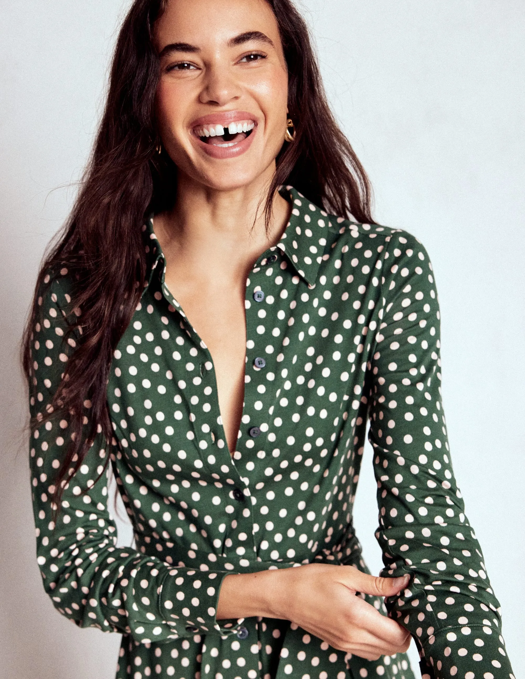 Marcia Jersey Shirt Dress-Hunter Green, Painted Dot