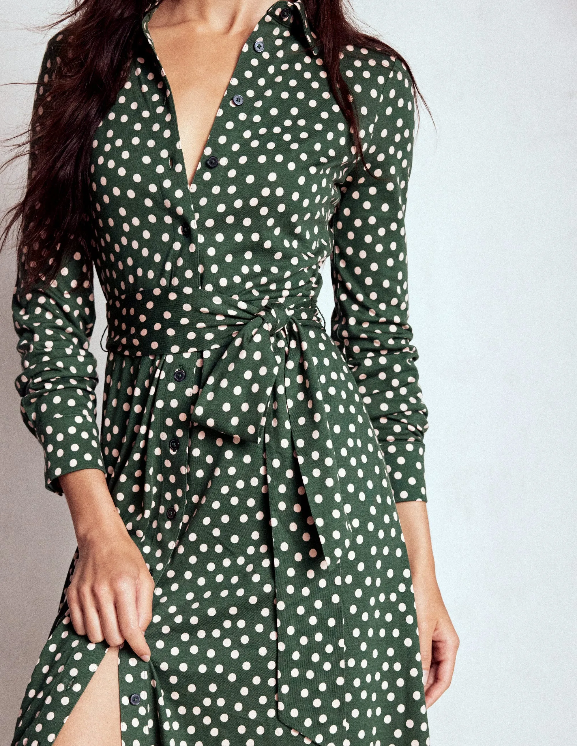Marcia Jersey Shirt Dress-Hunter Green, Painted Dot