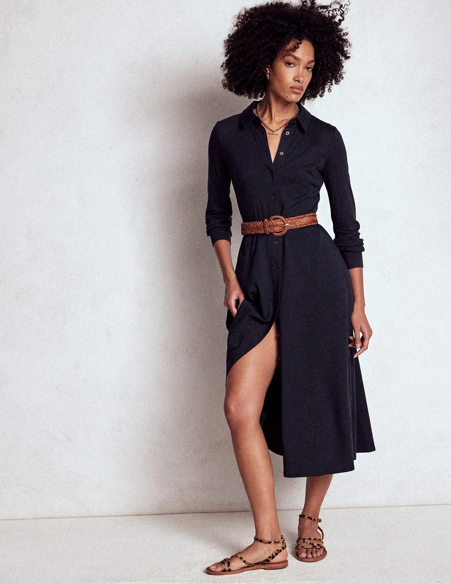 Marcia Jersey Shirt Dress-Navy