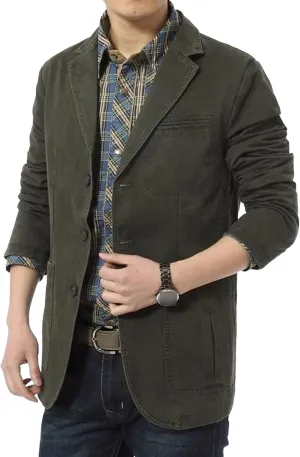 Men's Casual Three-Button Coat Lined Cotton Twill Suit Blazer Jacket Notch Lapel Vintage Jacket Sport Coat