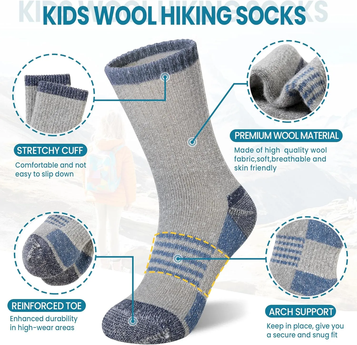 Merino Wool Hiking Socks for Kids Boy Girls Winter Warm Thermal Thick Boot Cozy Cushion Crew Socks