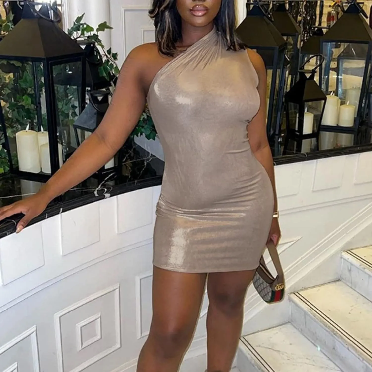 Metallic Mini Dress Women Sexy One Shoulder Shiny Sleeveless Backless Bodycon Party Club Short Dresses