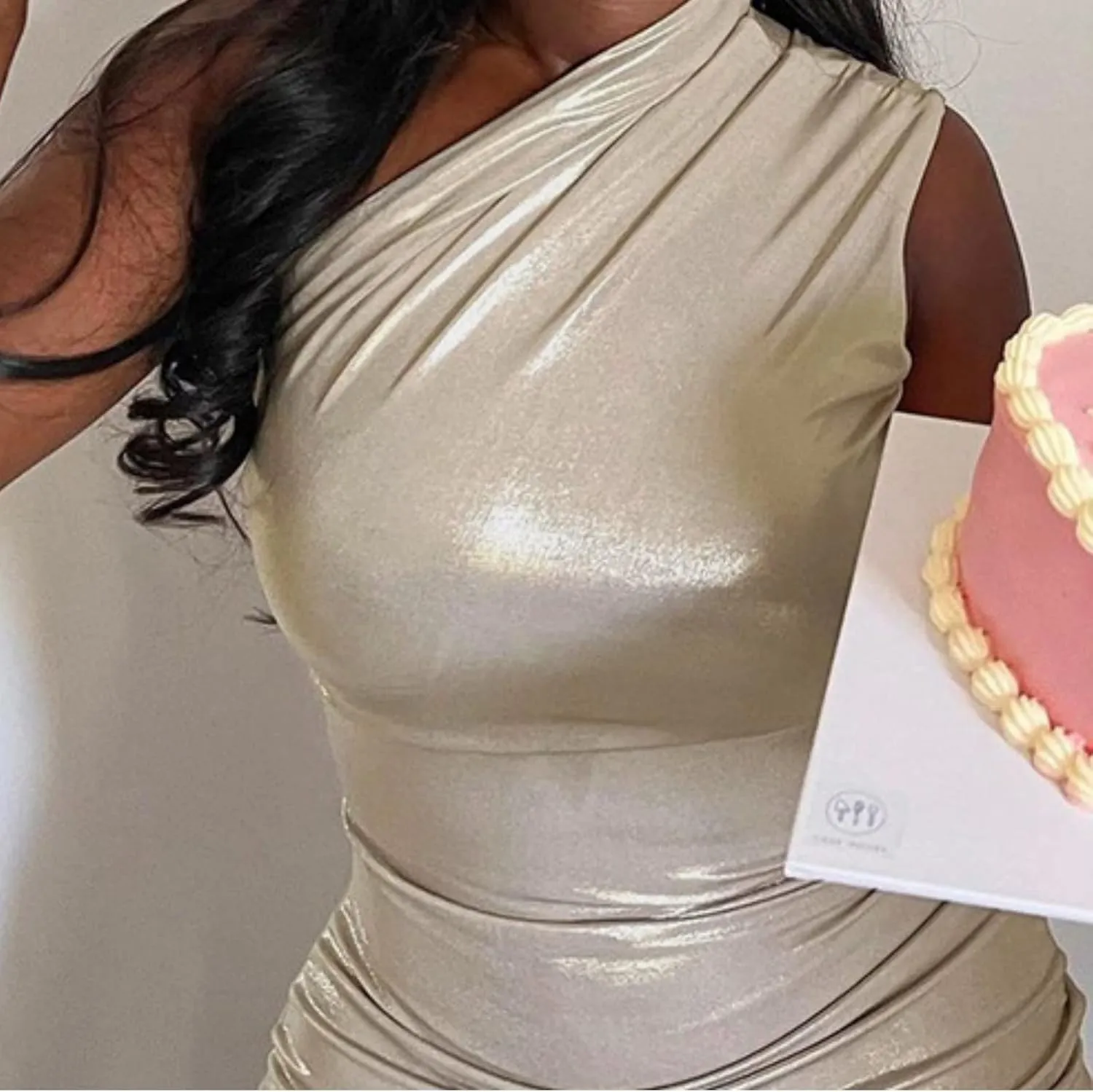 Metallic Mini Dress Women Sexy One Shoulder Shiny Sleeveless Backless Bodycon Party Club Short Dresses