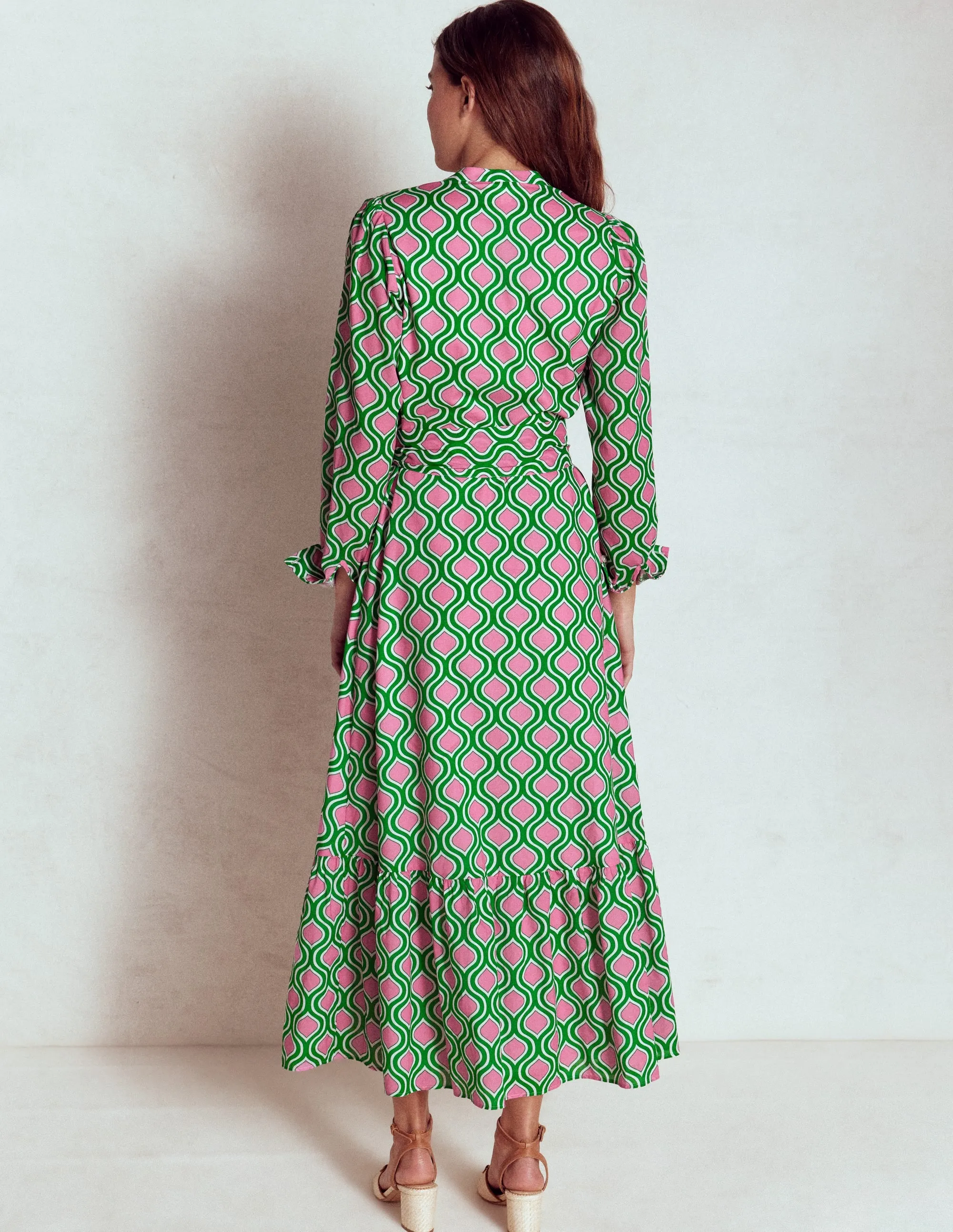 Mia Tiered Shirt Dress-Rich Emerald, Geo Trellis