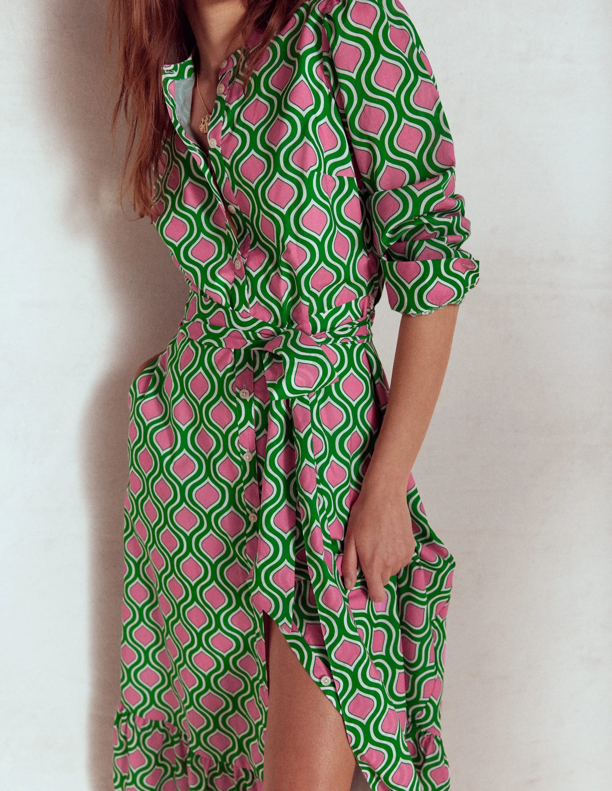 Mia Tiered Shirt Dress-Rich Emerald, Geo Trellis