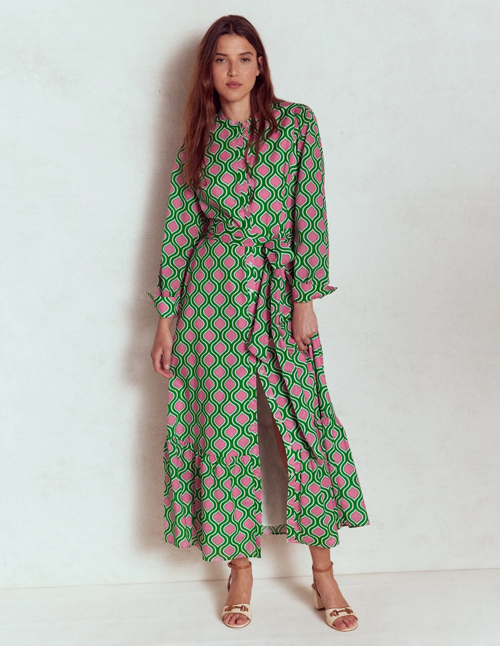 Mia Tiered Shirt Dress-Rich Emerald, Geo Trellis