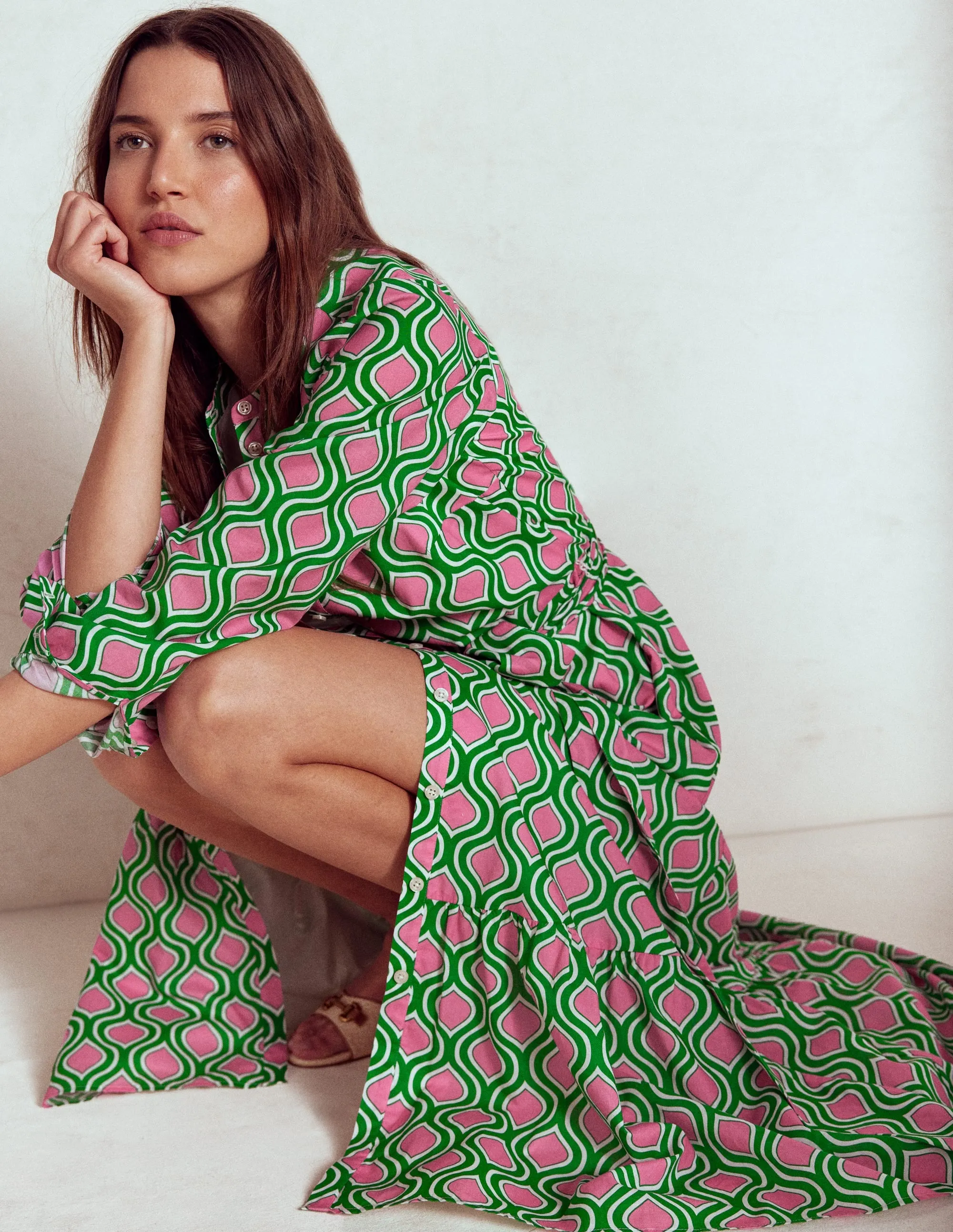 Mia Tiered Shirt Dress-Rich Emerald, Geo Trellis
