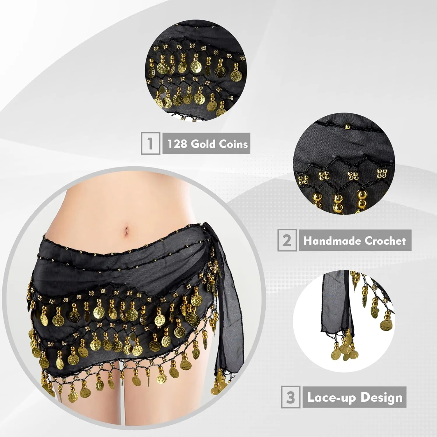MOLFUJ Belly Dance Hip Scarf with 128 Gold Coins, Belly Dancer Belt Scarf Skirt for Women