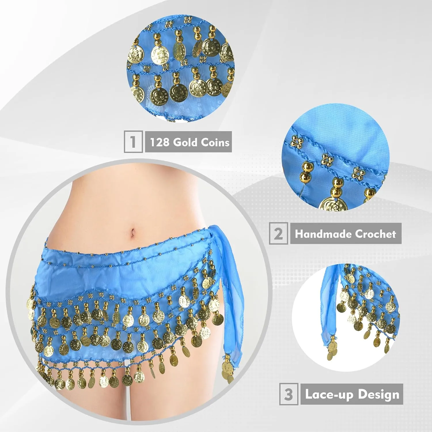 MOLFUJ Belly Dance Hip Scarf with 128 Gold Coins, Belly Dancer Belt Scarf Skirt for Women