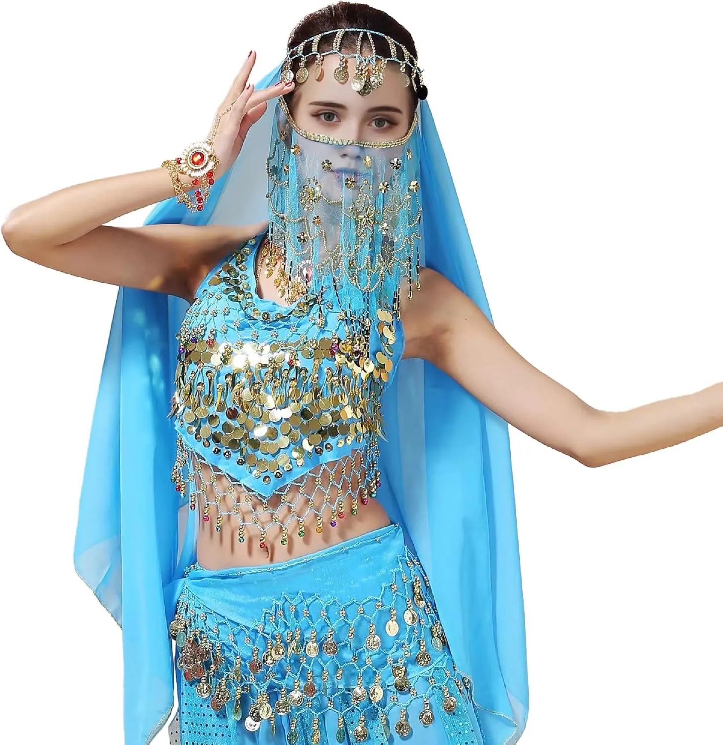 MOLFUJ Belly Dance Hip Scarf with 128 Gold Coins, Belly Dancer Belt Scarf Skirt for Women
