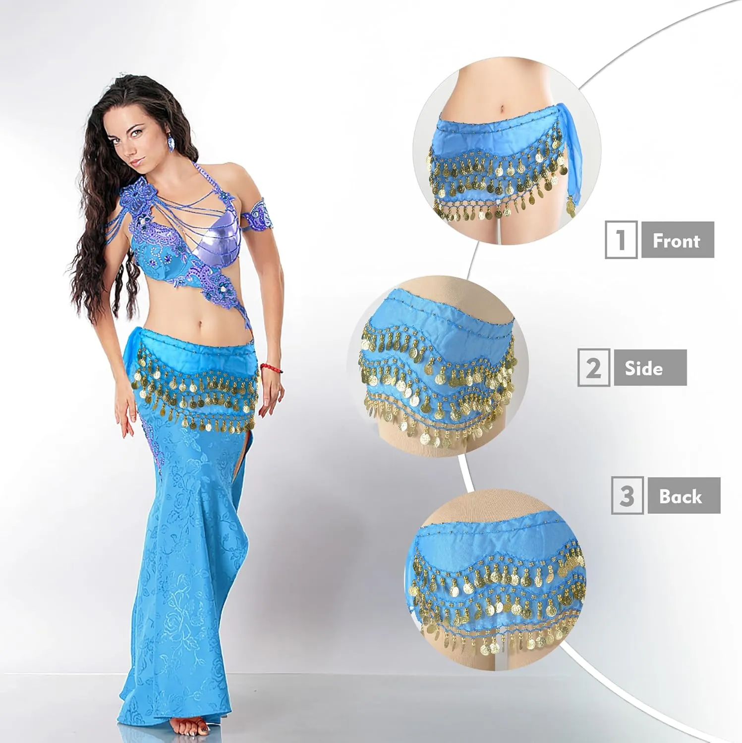 MOLFUJ Belly Dance Hip Scarf with 128 Gold Coins, Belly Dancer Belt Scarf Skirt for Women