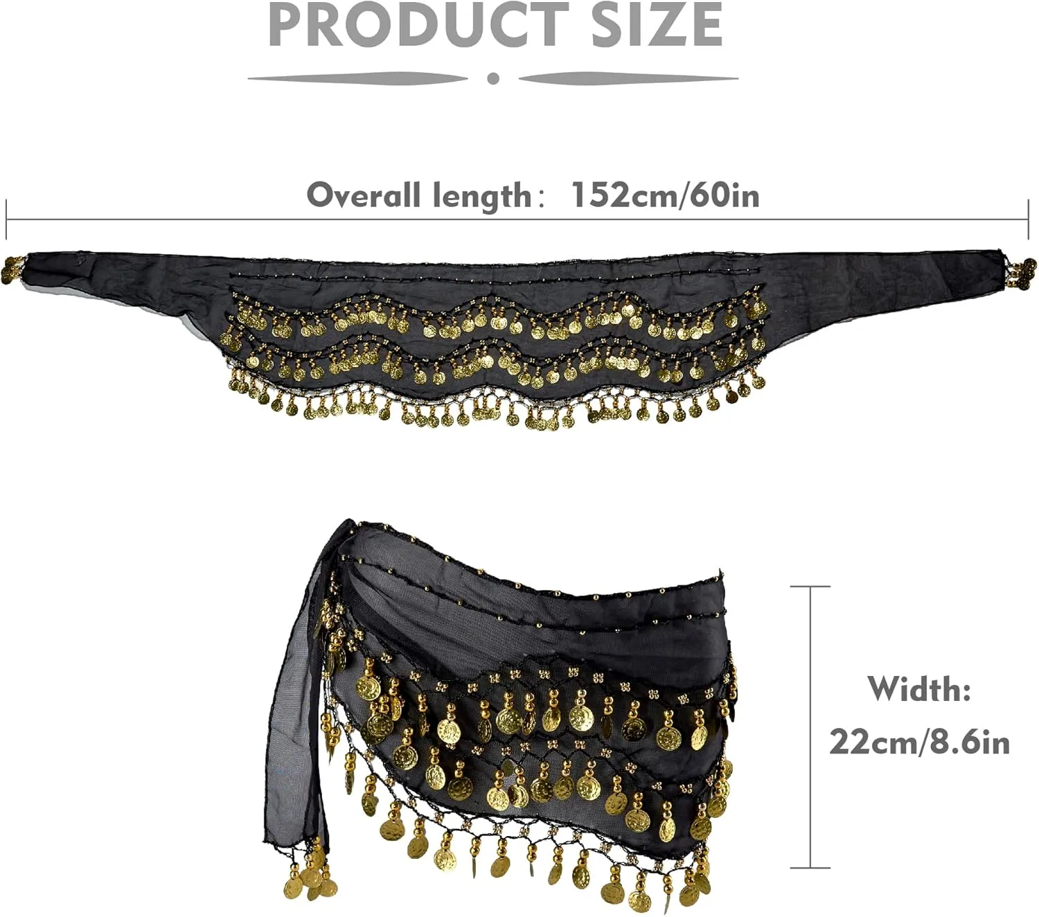 MOLFUJ Belly Dance Hip Scarf with 128 Gold Coins, Belly Dancer Belt Scarf Skirt for Women