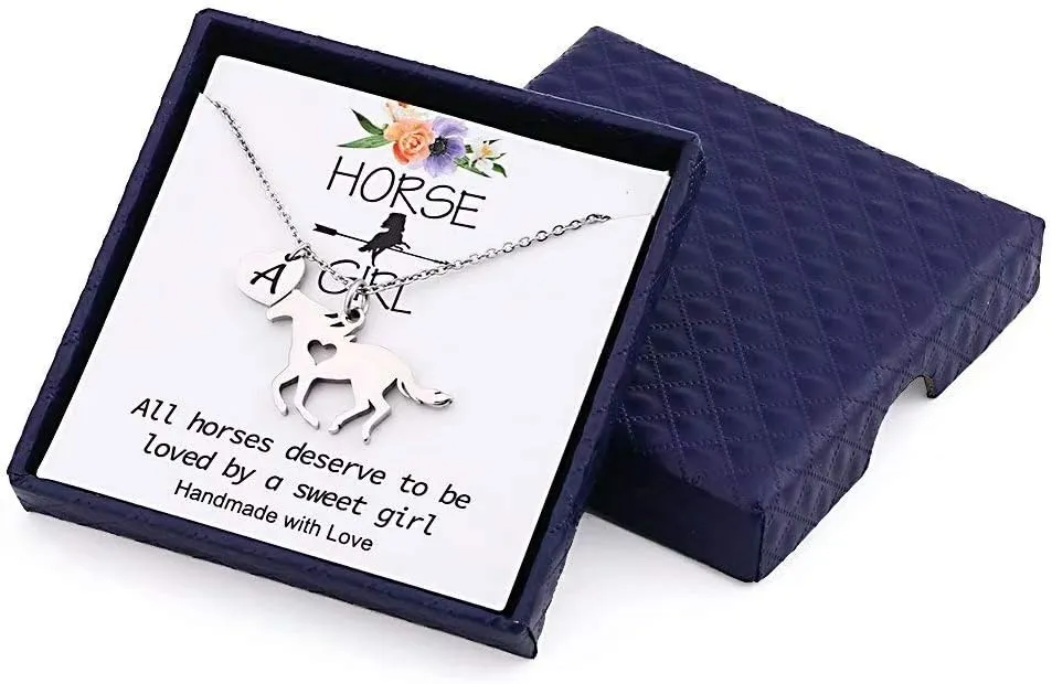 MONOOC Horse Necklace for Girls - Dainty Pendant Heart 26 Initial Jewelry for Women, Kids, Horse Lovers