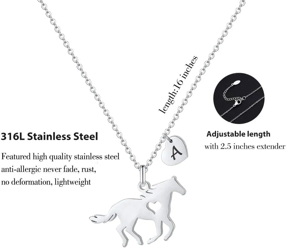 MONOOC Horse Necklace for Girls - Dainty Pendant Heart 26 Initial Jewelry for Women, Kids, Horse Lovers