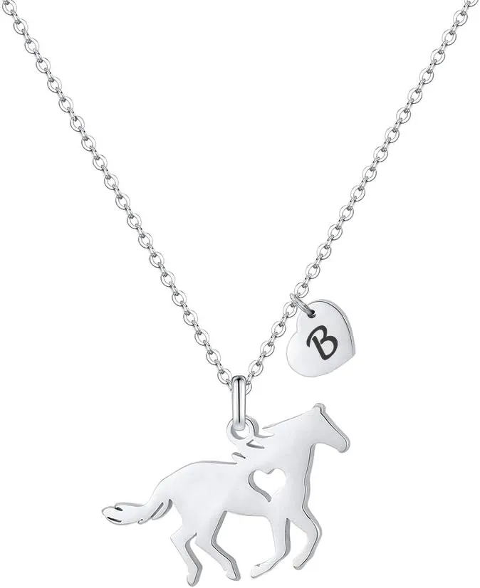 MONOOC Horse Necklace for Girls - Dainty Pendant Heart 26 Initial Jewelry for Women, Kids, Horse Lovers