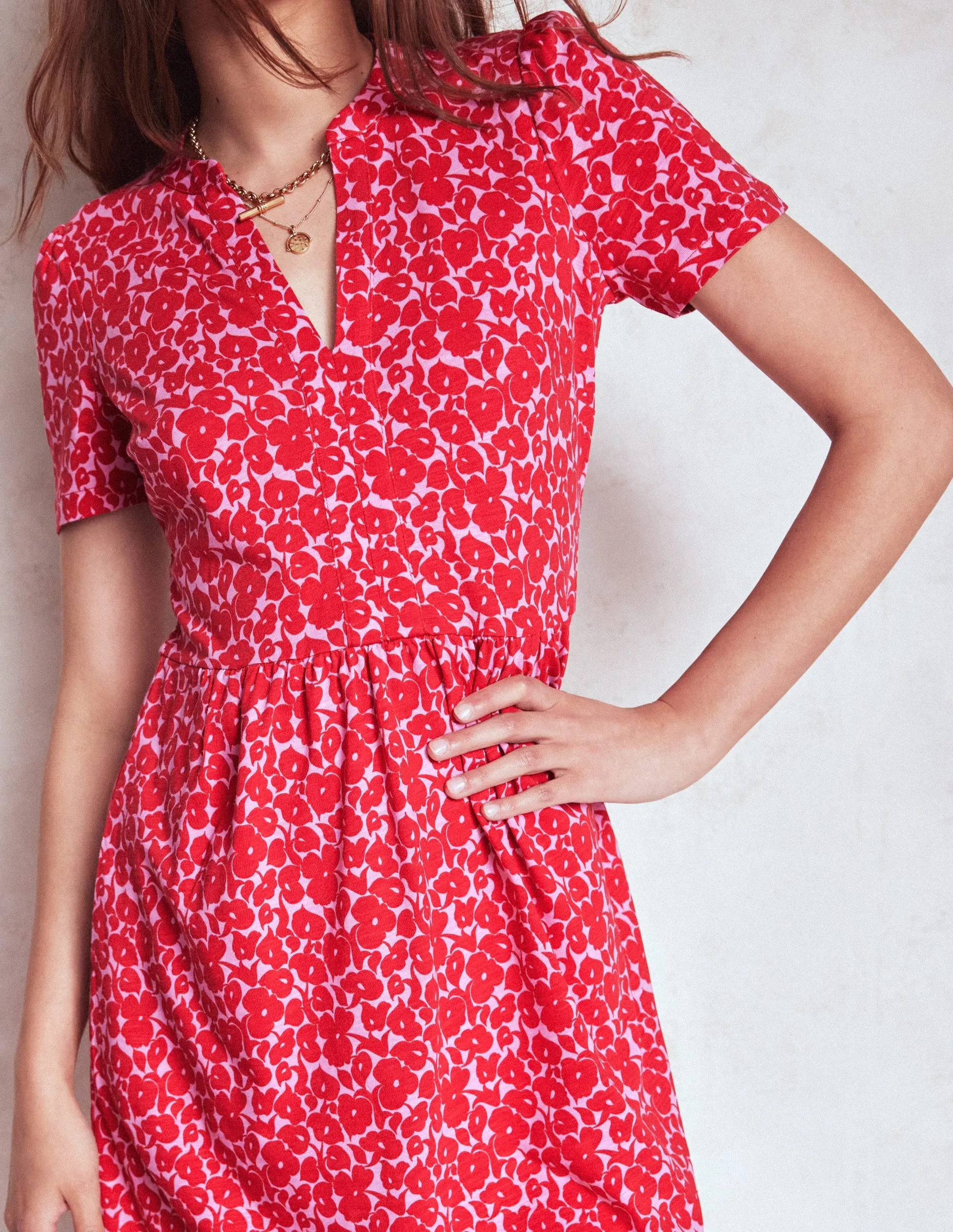 Naomi Short Sleeve Dress-Jewel Red, Leafy Grove