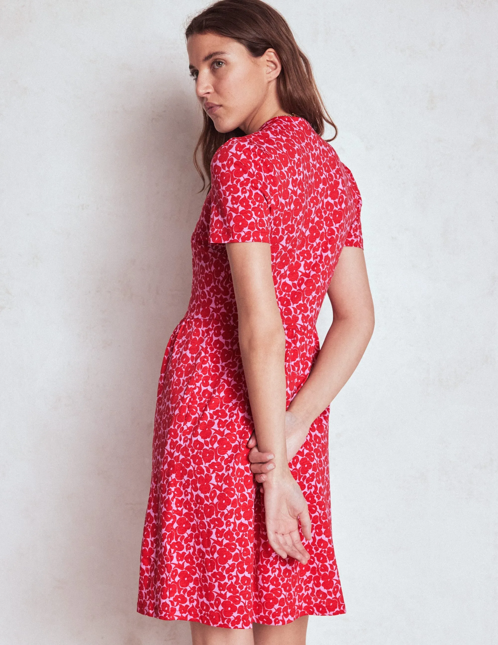 Naomi Short Sleeve Dress-Jewel Red, Leafy Grove