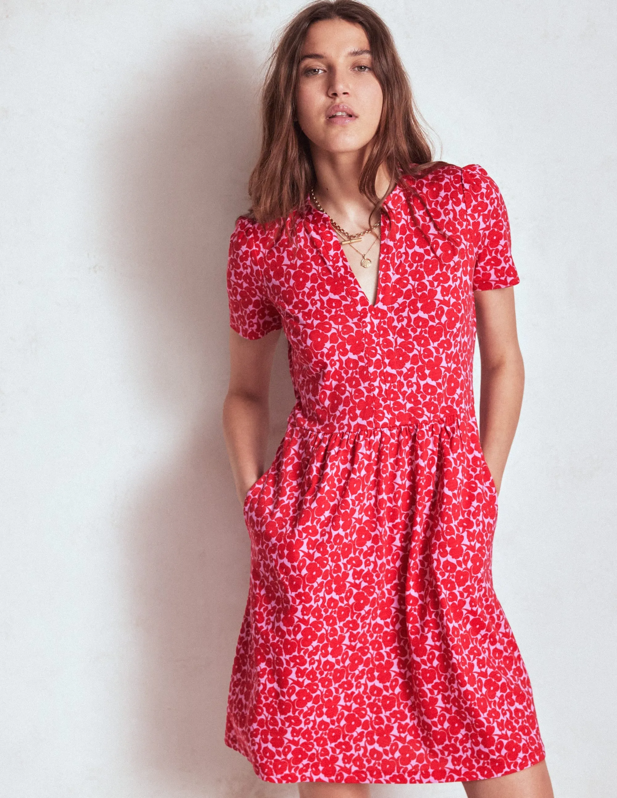 Naomi Short Sleeve Dress-Jewel Red, Leafy Grove