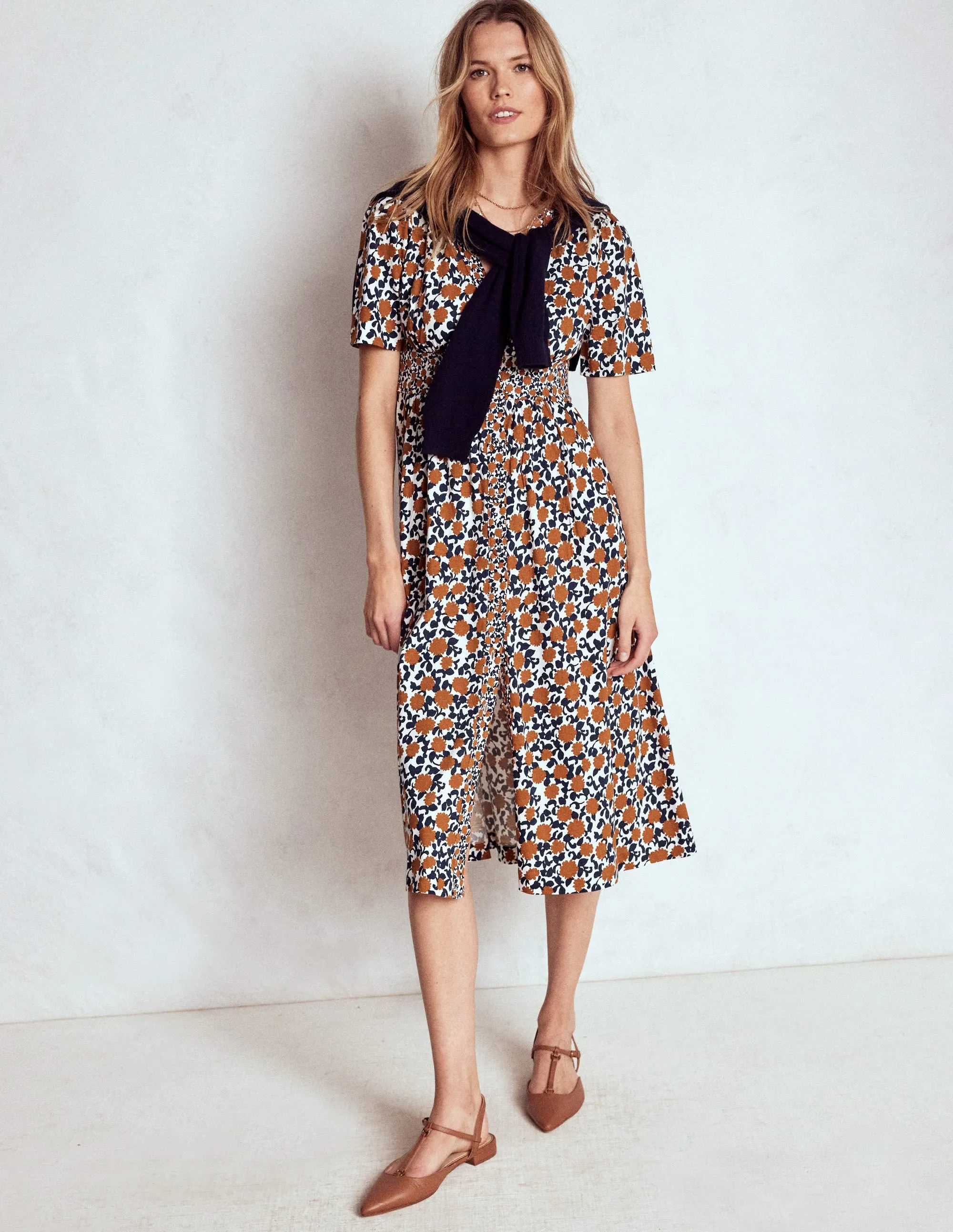 Natalia Jersey Tea Dress-Cognac, Floweret Vine