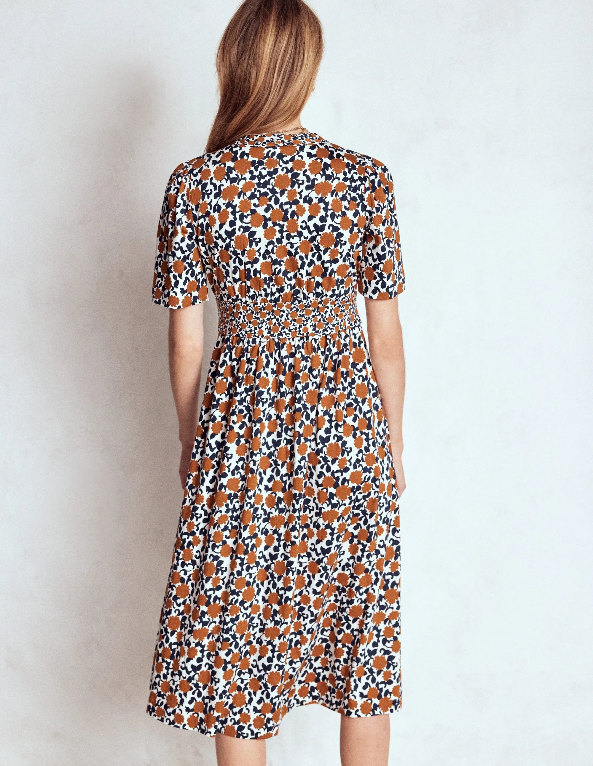 Natalia Jersey Tea Dress-Cognac, Floweret Vine