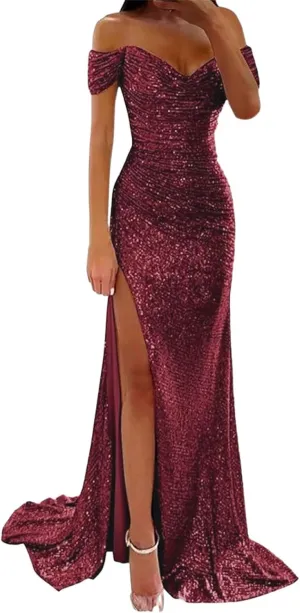 Off Shoulder Prom Dresses for Women 2025 Long Ball Gown Sparkly Sequin Mermaid Evening Dresses Formal Gown with Slit