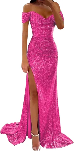 Off Shoulder Prom Dresses for Women 2025 Long Ball Gown Sparkly Sequin Mermaid Evening Dresses Formal Gown with Slit