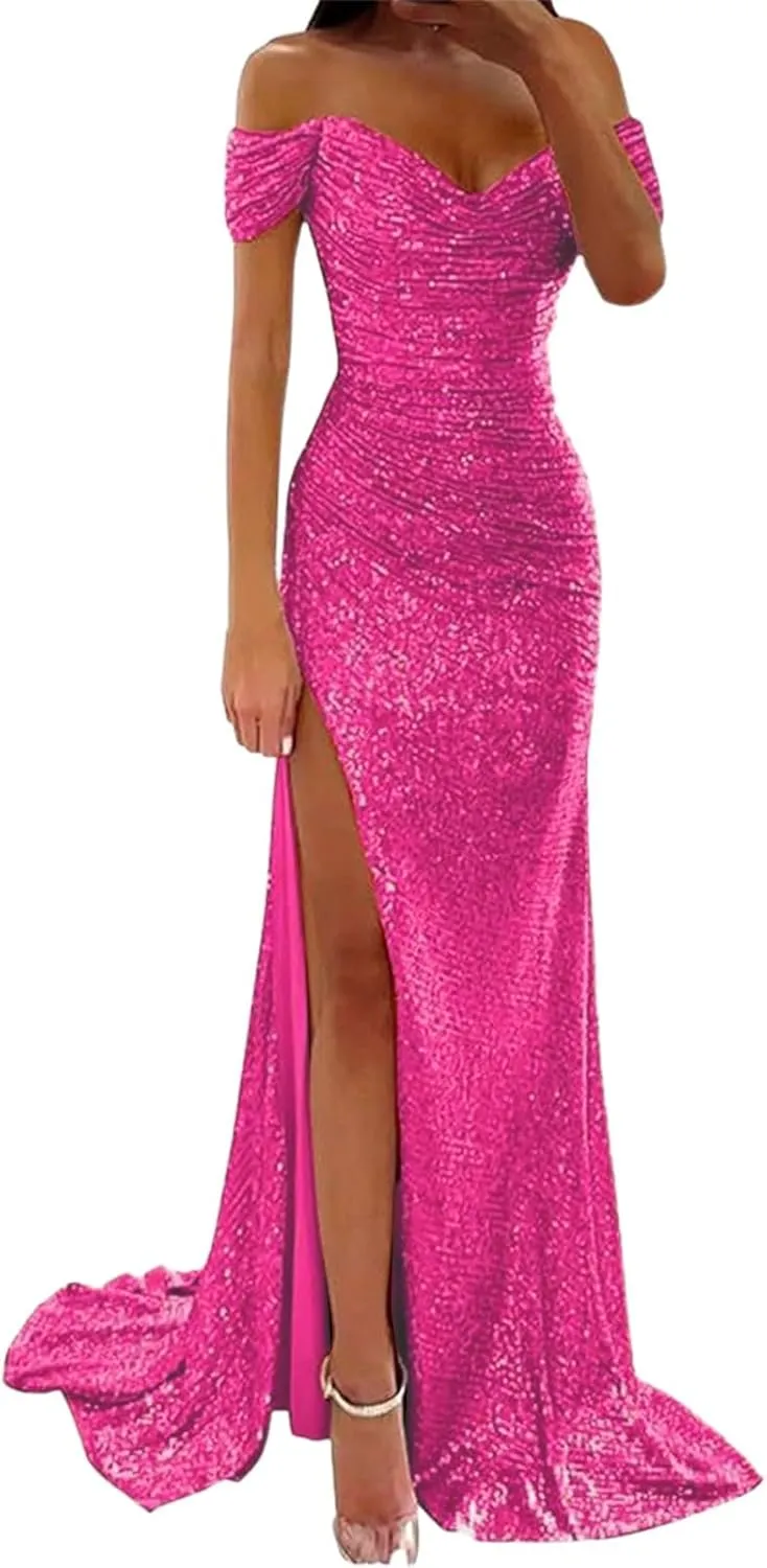Off Shoulder Prom Dresses for Women 2025 Long Ball Gown Sparkly Sequin Mermaid Evening Dresses Formal Gown with Slit